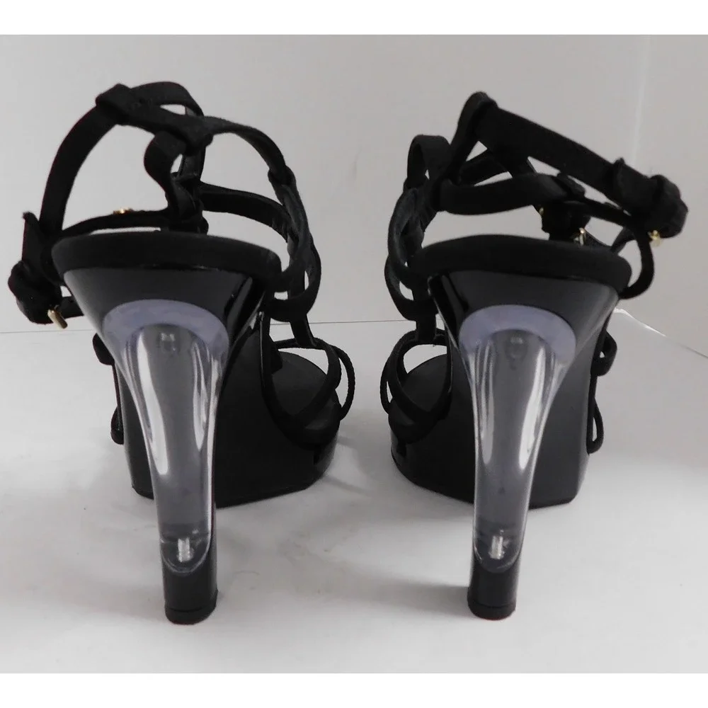 CHANEL Black Strappy Fabric Stiletto Open Toe Heels Women's 38‎